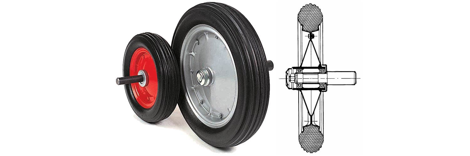 SOLID RUBBER WHEELS WITH HUBS, COMPLETE WITH BEARINGS, DRIVE SHAFT, CAP