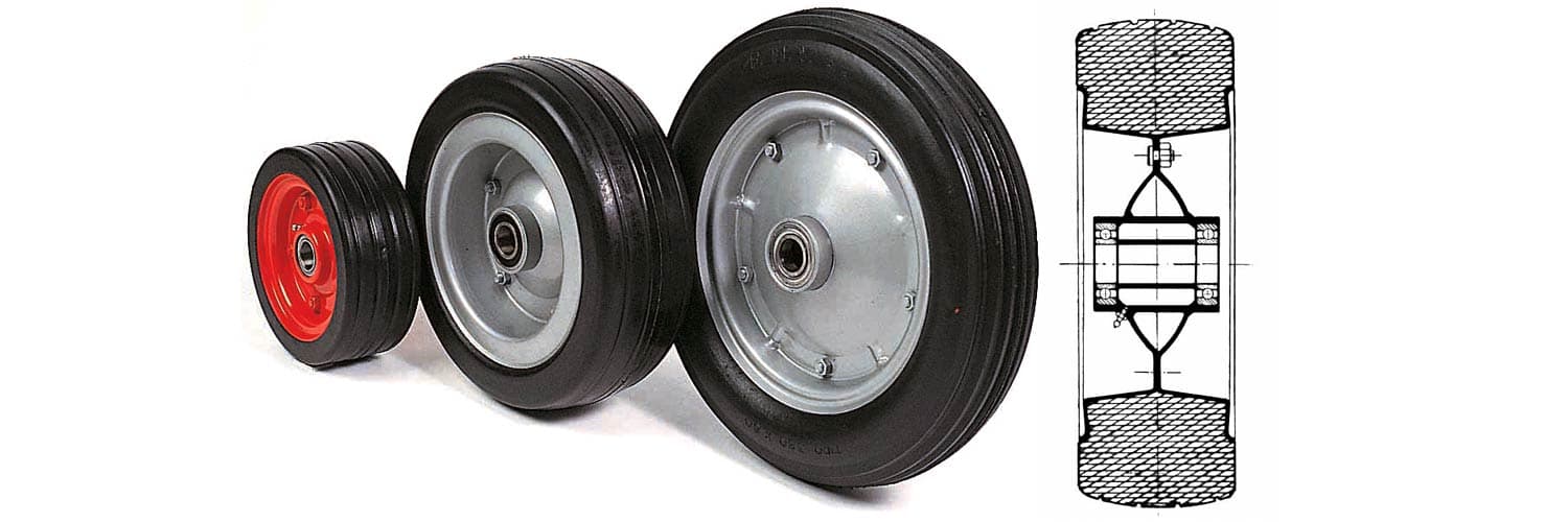 SOLID RUBBER WHEELS WITH HUBS ON SCREENED BALL BEARINGS